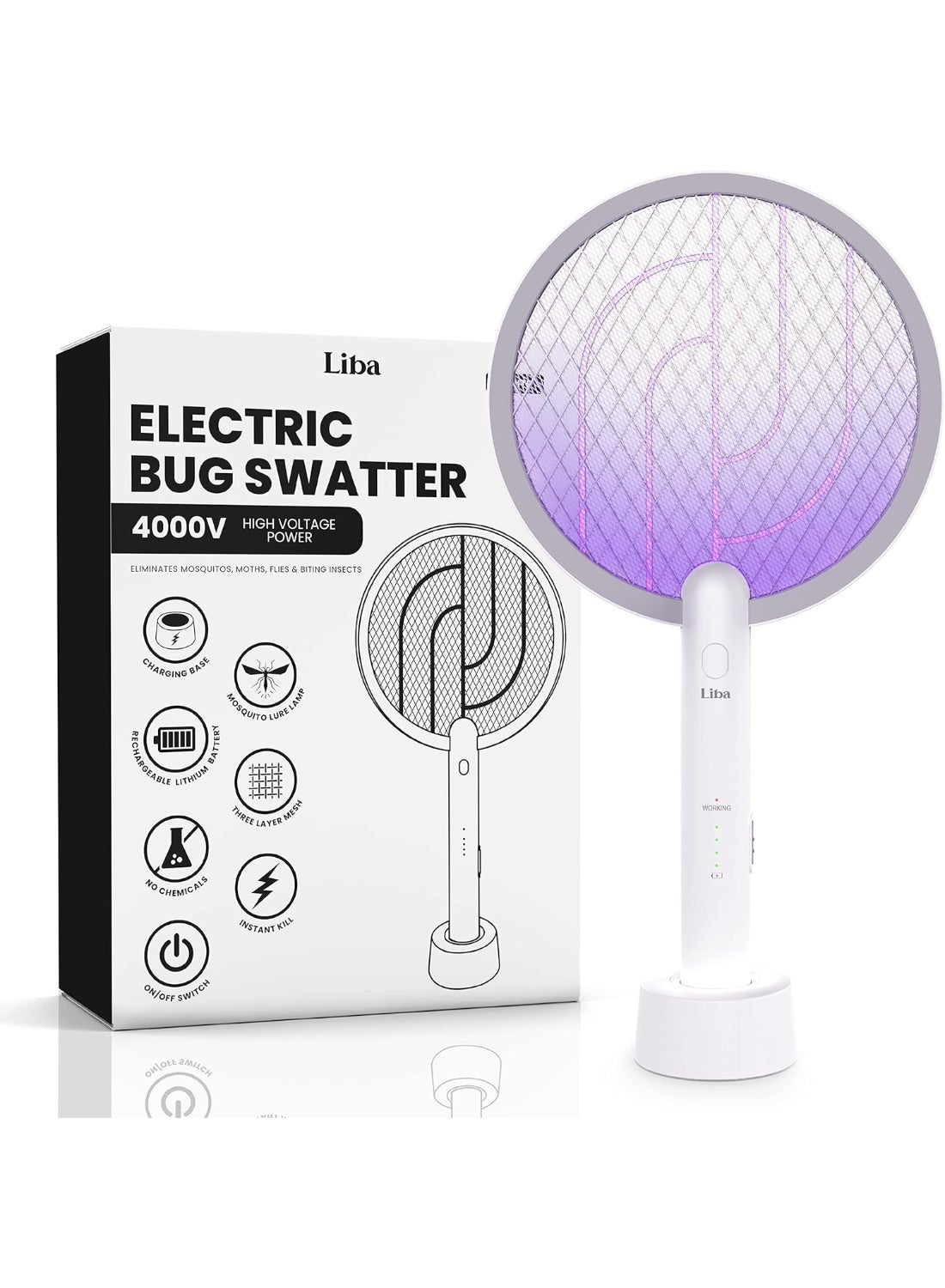 Rechargeable Bug Zapper Electric Fly Swatter with Type-C Charging, LED Battery Indicator, 1800mAh Power, 4000V Grid & 10 UV Lights, Indoor Outdoor Mosquito Killer Racket